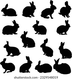 Vector collection of rabbits on a white background. Black icons of hares in different poses