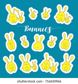 Vector collection of rabbits stickers in cartoon style. Cute animals illustration. Kids hand-drawn design. Flat style