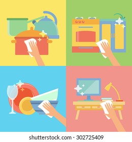 Vector collection with rag for cleaning in flat style. Perfect for packaging, infographic. Colorful elements: cookware, pot, kettle, sink, stove, computer, lamp,  kitchenware rag. Cleaning concept.