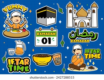 Vektor-Sammlung von Ramadan Aufkleber Doodle Illustrationen mit arabischem Text Ramadan