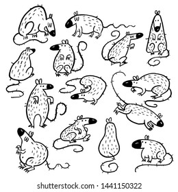 Vector collection of rats made in sketch style. Isolated on white