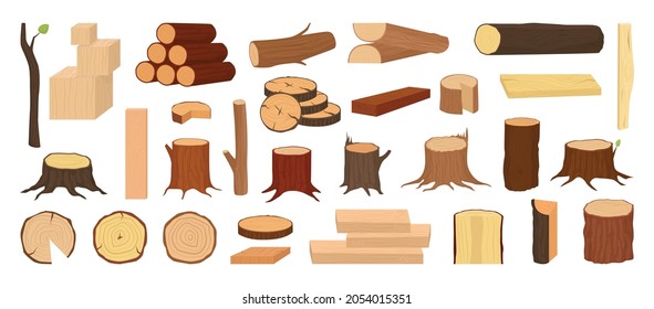 Vector collection of raw wood. Logs and fellings of trees in a detailed style.