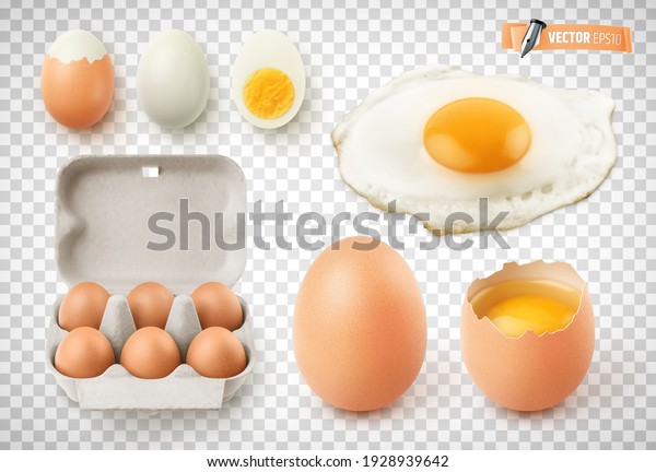 Vector collection\
of realistic eggs, fried egg, cardboard egg box and boiled eggs on\
transparent background
