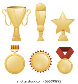 Vector collection of realistic isolated golden trophy cups, medals and awards on the white background. Concept of winning and awards ceremony.