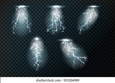 Vector collection of realistic isolated lightnings on the transparent background. Concept of electricity