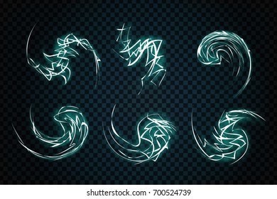 Vector collection of realistic isolated spiral lightnings on the transparent background. Concept of electricity and electric effects.