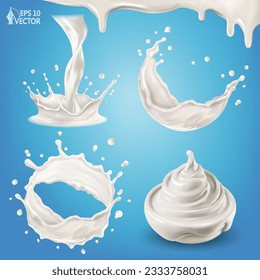 Vector collection of realistic milk splashes or waves with drops. Bowl of cream or yogurt, milky dessert. Crown shaped liquid swirls, flow of fresh milk. 3d elements isolated set