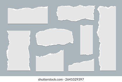 A vector collection of realistic torn paper pieces with jagged edges, perfect for scrapbooking, mockups, overlays, and creative graphic design projects. Editable EPS file. Set of Torn Paper Pieces.