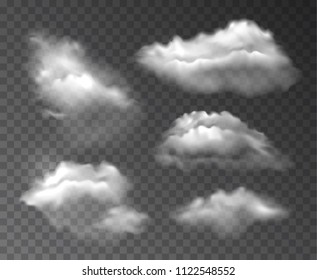 Vector collection of realistic transparent clouds isolated on dark background
