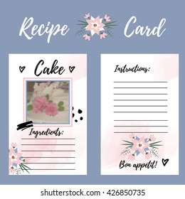 vector collection recipe cards.Vector printable recipe cards  with photo frame for female notebooks, journals or brochure 