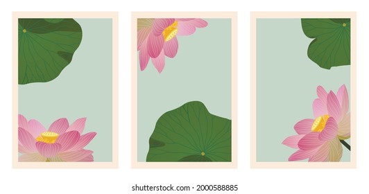 Vector collection of rectangular botanical backgrounds with lotus flowers and leaves. Background design for social media posting, wall prints, canvas prints, posters, home decor. 