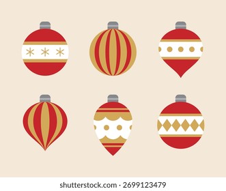 A vector collection of red and gold Christmas decorations with various patterns. These holiday ornaments are perfect for winter backgrounds, seasonal sale banners, and greeting card designs.
