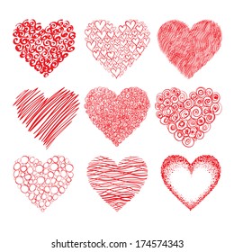 Vector collection of red hand-drawn hearts shapes isolated on white background.