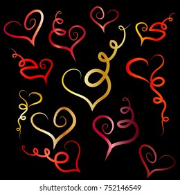 Vector collection of red heart shapes isolated on white background.