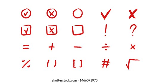 Vector collection of  red marker elements hand drawn check (V) signs isolated on white background, circle marks, math signs, check marks, highlighter elements