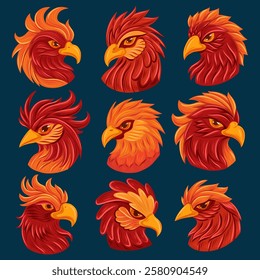 Vector collection of red phoenix portraits on dark background. Set of fable parrot heads in cartoon fantasy style. Hand drawn fire birds isolated from background.