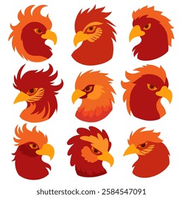 Vector collection of red phoenix silhouettes isolated from background. Set of fable parrot heads in fantasy style. Hand drawn fire birds 