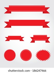 A vector collection of red ribbon, starburst and attention grabber design elements