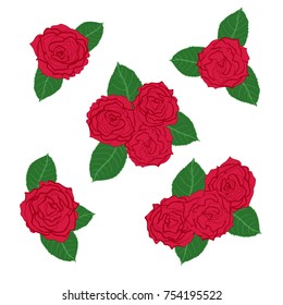 A vector collection of red roses, scarlet buds and green leaves. 5 floral arrangements.  Design for greeting cards and invitations for wedding, birthday, Valentine's Day, Mother's Day