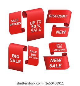 Vector collection of red sale tags with text. Labels or Ribbons for banners and posters design