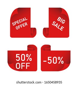 Colección vectorial de etiquetas de venta roja con texto. Etiquetas o cintas para el diseño de carteles y carteles