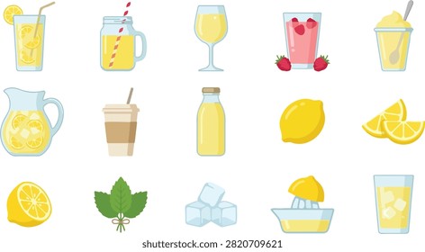 Vector collection of refreshing beverages featuring lemonade, citrus drinks, juice, cocktails, pitchers, glasses, and iced drinks. Perfect for summer menus, cafés, restaurants, beverage packaging, and promotional materials.