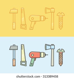 Vector collection of renovation icons. Linear and color elements including hammer, saw, drill, axe, screw. Two colorful concepts perfect for web design, advertising, banners.