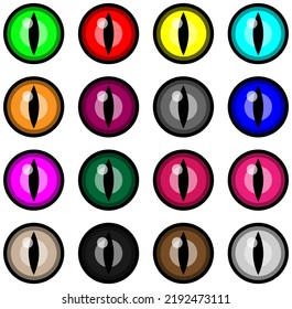 Vector collection of reptile eyes in different colors. Lizard eyes. Cat eyes. evil look The evil eye. Fantasy contact lenses.