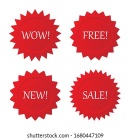 Vector Collection Retail Starburst. NEW, FREE, WOW and SALE arrival tags, sale coupon labels. Vector illustration.