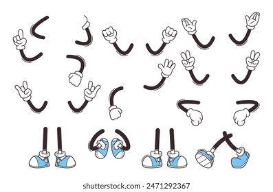 Vector Collection Of Retro Cartoon Arms, Legs, Hands And Feet In Dynamic Poses. Vintage Animation Character Design