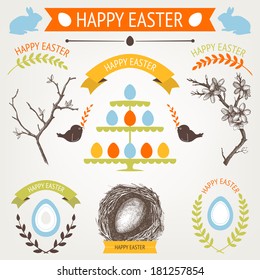 Vector collection of retro Easter    icons  with hand drawn vintage illustrations for your card or invitation design 