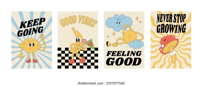 Vector collection of retro groovy posters with characters- sun, lemon, banana and mushroom with typography quote. Placard for print