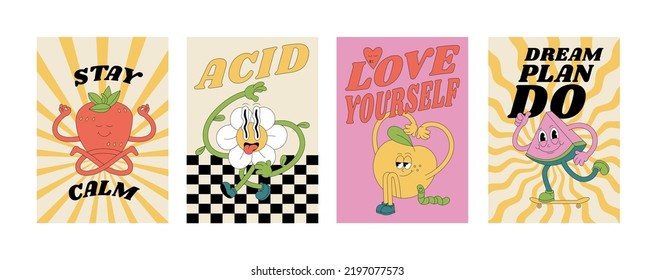 Colección vectorial de afiches retro groovy con personajes: fresa, flor, melocotón y limón de agua con cita tipográfica. Placard para impresión