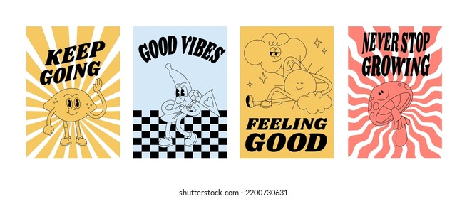 Vector collection of retro groovy posters with characters- sun, lemon, banana and mushroom with typography quote. Placard for print
