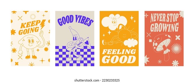 Vector collection of retro groovy posters with characters- sun, lemon, banana and mushroom with typography quote. Placard for print