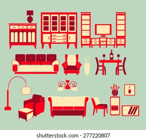 Vector Collection  of Retro Home interior Living Furniture Set - Illustration 