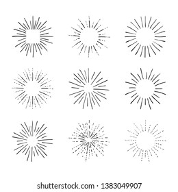 Vector Collection of Retro Light Rays, Isolated on White Black Outline Drawings, Vintage Sketch Design Elements Collection.