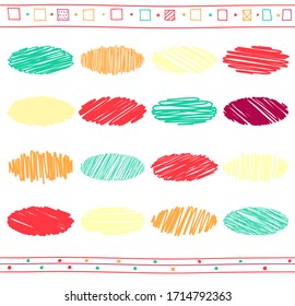 Vector collection of retro scribbled circular lines with hand drawn style of green, yellow and red color. Mock up template. Copy space for text. EPS8