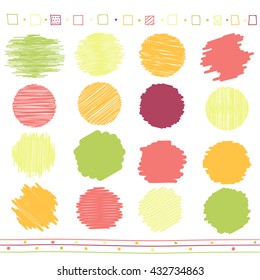 Vector collection of retro scribbled circular lines with hand drawn style of green, orange, pink and red color