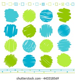 Vector collection of retro scribbled circular lines with hand drawn style of green  and blue color