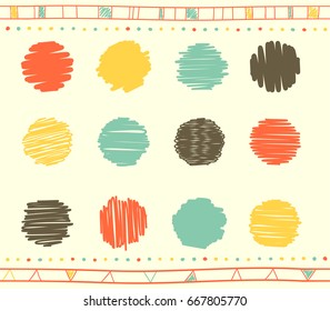 Vector collection of retro scribbled circular lines with hand drawn style of green, red, gray and yellow color