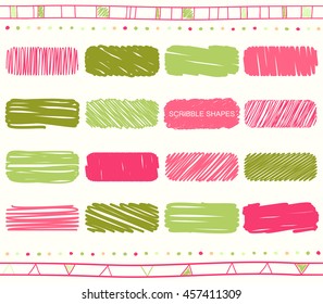 Vector collection of retro scribbled elements in hand drawn style of of green, pink, magenta and red color