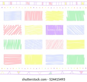 Vector collection of retro scribbled elements in hand drawn style of of green, yellow, pink and blue color
