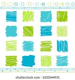 Vector collection of retro scribbled lines with hand drawn style of blue and green colors. EPS8