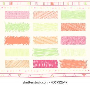 Vector collection of retro scribbled lines with hand drawn style of green and orange and magenta colors