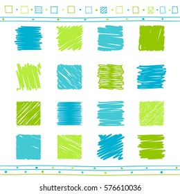 Vector collection of retro scribbled lines with hand drawn style of green and blue color