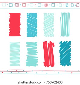 Vector collection of retro scribbled lines with hand drawn style of blue and red colors. EPS8