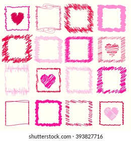 Vector collection of retro scribbled square frames and hearts with hand drawn style of red and pink colors