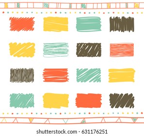 Vector collection of retro scribbled square elements in hand drawn style of of yellow, gray, green and red color