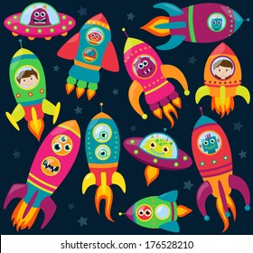 Vector Collection of Retro Style Rocketships and Spaceships with Aliens, Robots and Astronauts